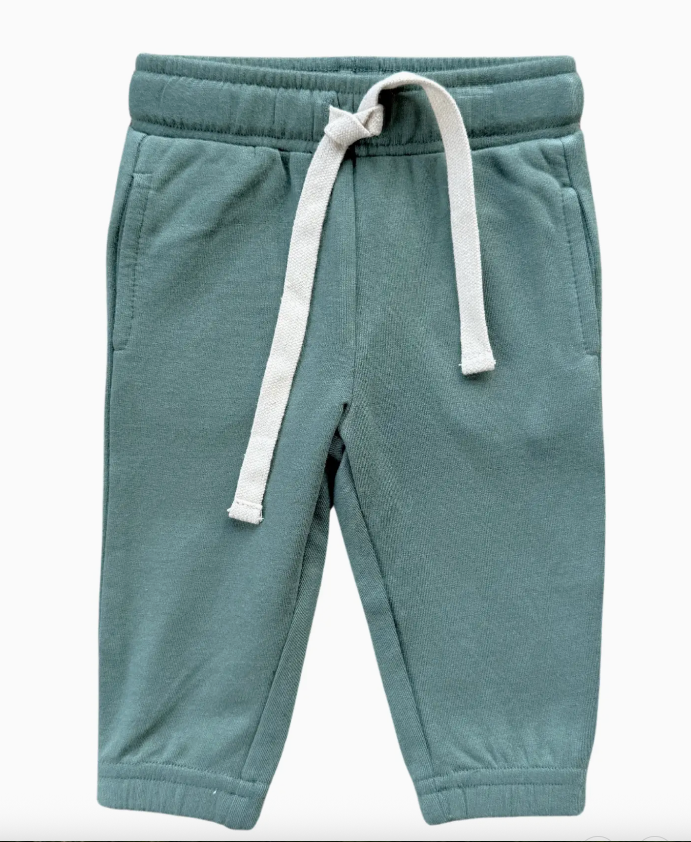 Teal children's jogger pants with a white drawstring on a white background