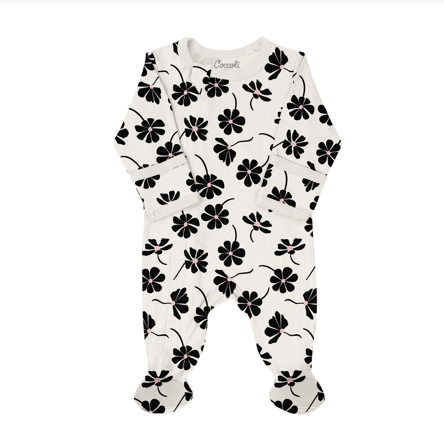 White baby onesie with black floral pattern on a white background