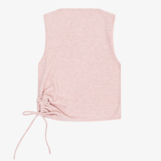 Pink sleeveless top with tie detail on a white background