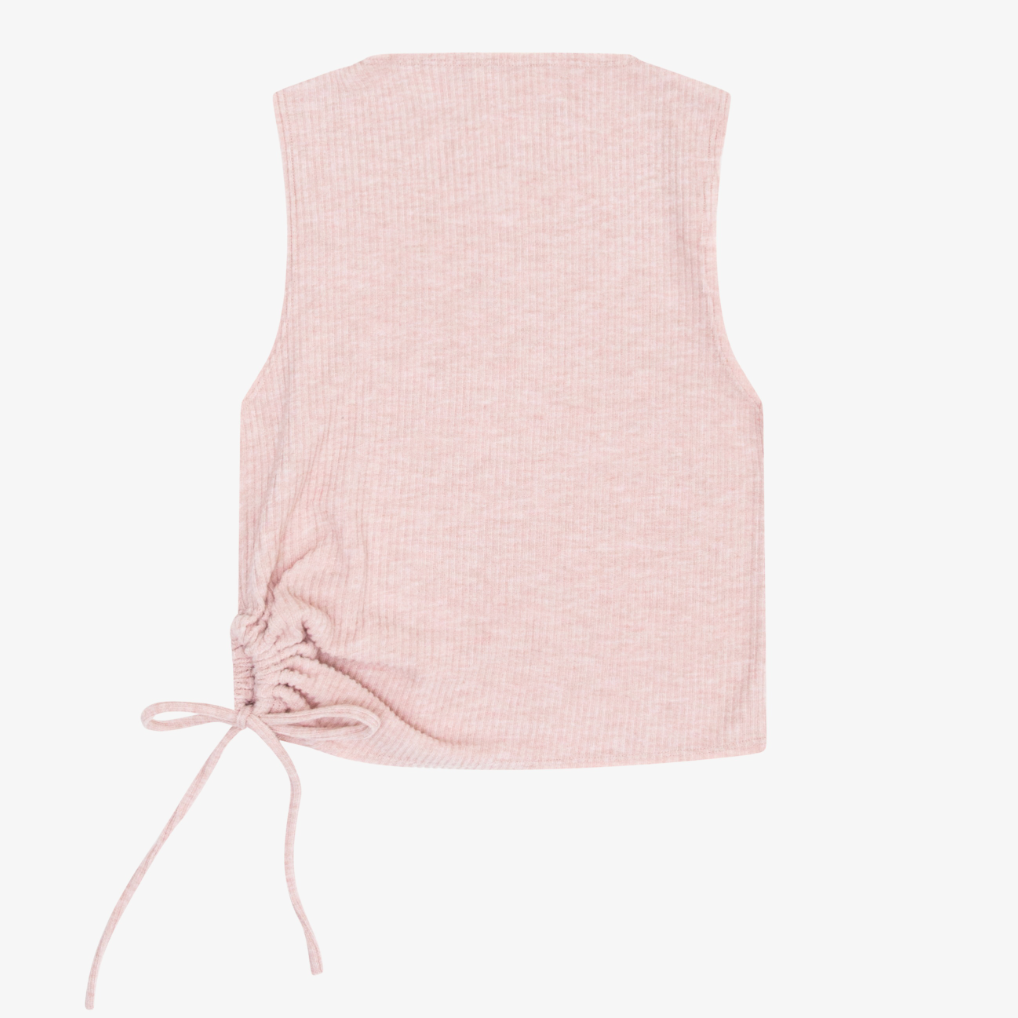 Pink sleeveless top with tie detail on a white background