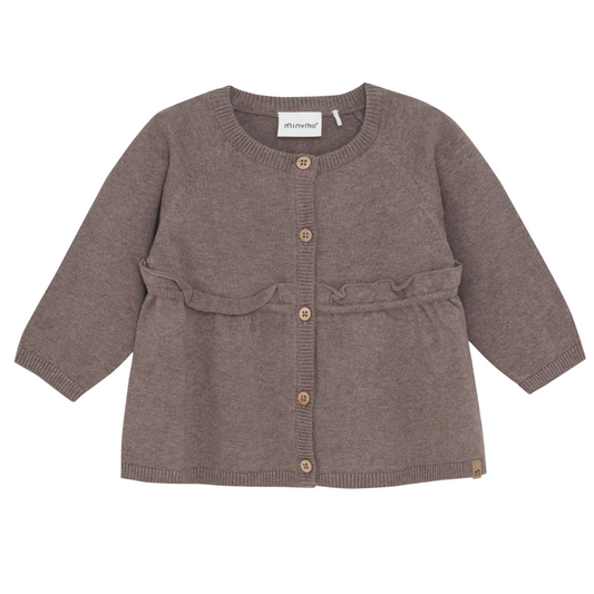 Brown baby cardigan with button details on a white background