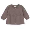 Brown baby cardigan with button details on a white background