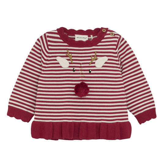 Red and white striped sweater with reindeer design on a white background