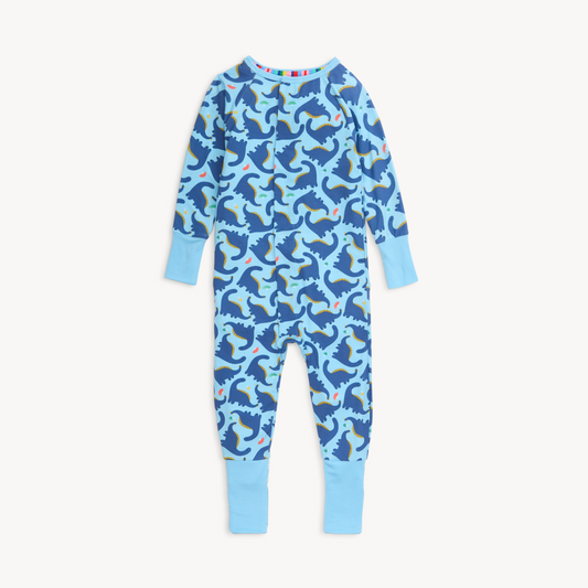 Children's onesie with dinosaur pattern on a white background
