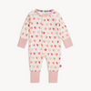 Baby onesie with heart pattern and pink accents on a white background