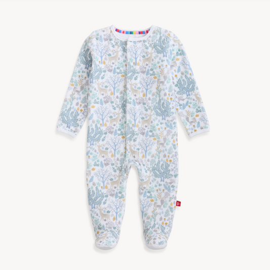 Woodland patterned baby footie with magnetic closures. 
