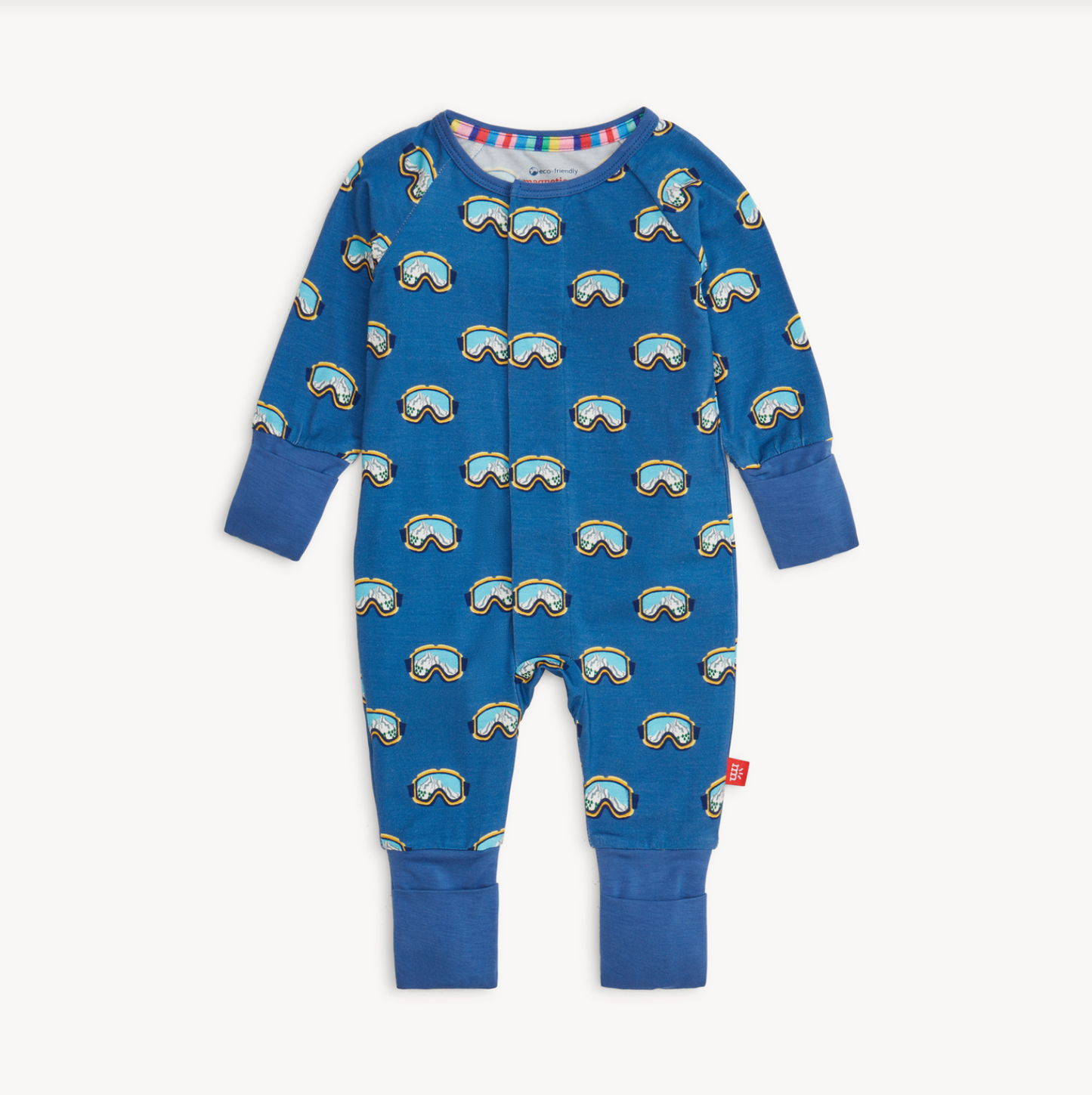 Blue baby onesie with goggles pattern on a white background