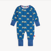 Blue baby onesie with goggles pattern on a white background