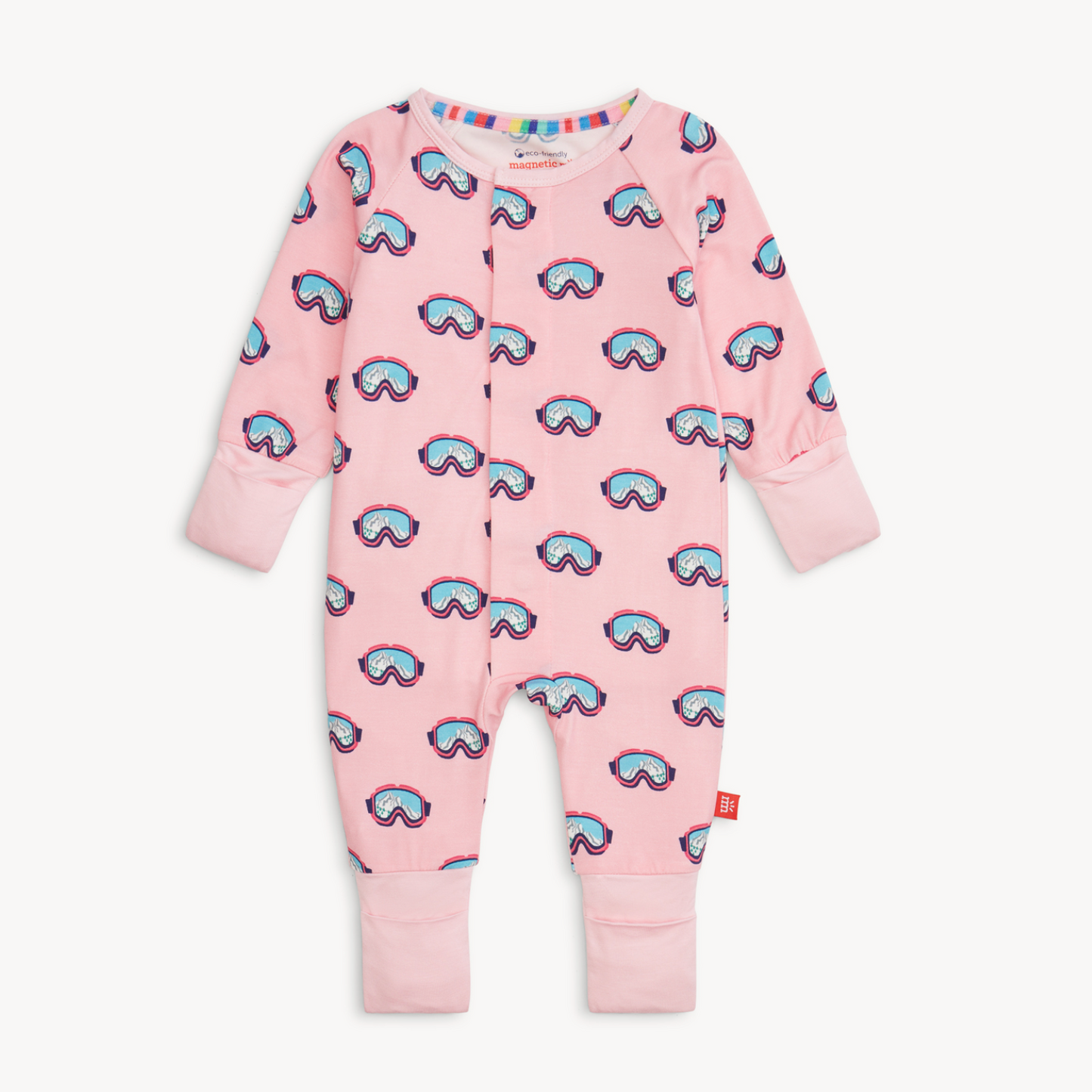 Pink baby onesie with goggles pattern on a white background