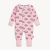 Pink baby onesie with goggles pattern on a white background