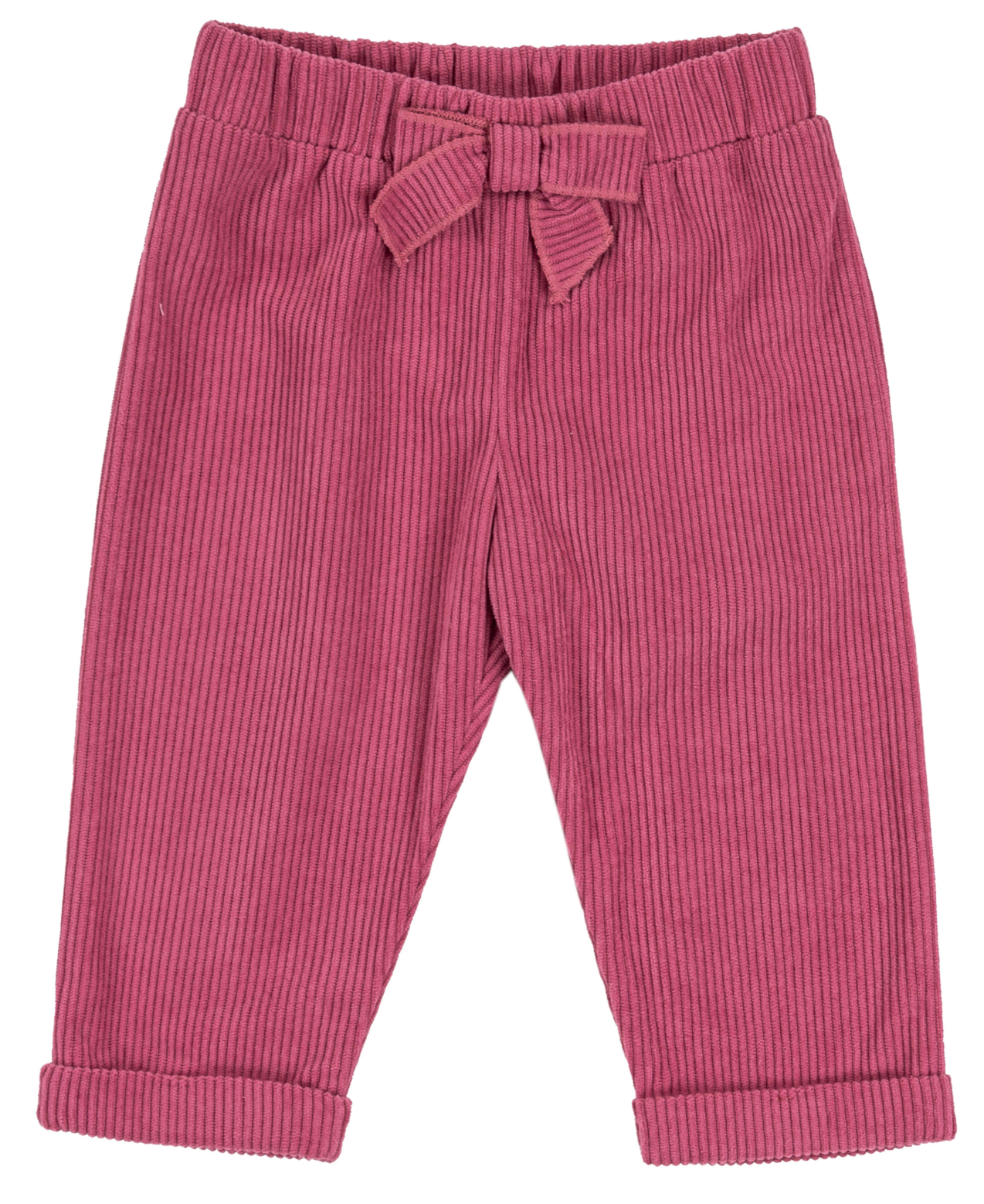Pink ribbed pants with a bow detail on a white background
