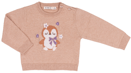Beige sweater with a cartoon penguin design on a white background