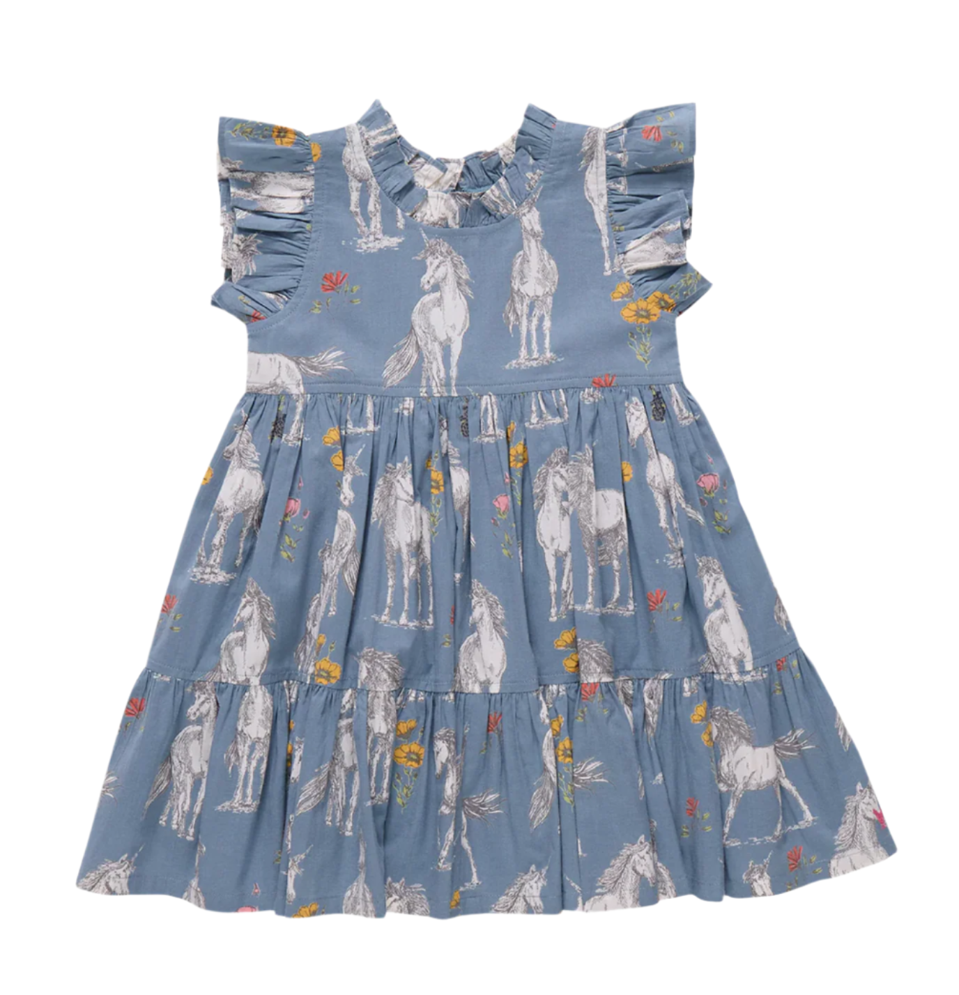 Beautiful blue dress with unicorn print and ruffles at the shoulders