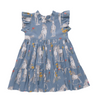 Beautiful blue dress with unicorn print and ruffles at the shoulders