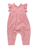 Baby romper with ruffled shoulders on a floral pink background