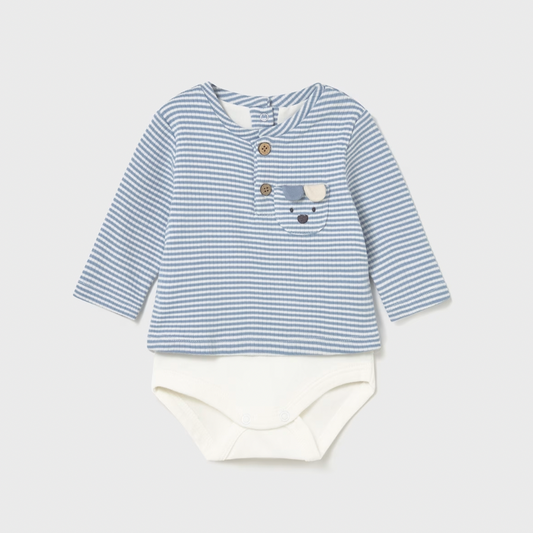 Baby outfit with striped shirt and white diaper on a light gray background