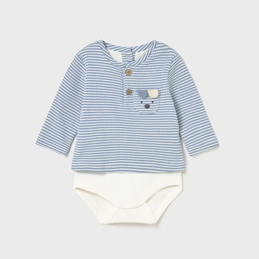 Baby outfit with striped shirt and white diaper on a light gray background