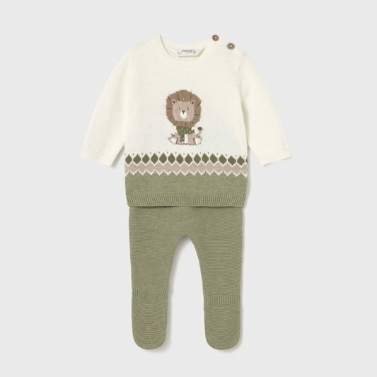 Baby sweater and pants set with lion design on a light gray background