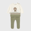 Baby sweater and pants set with lion design on a light gray background