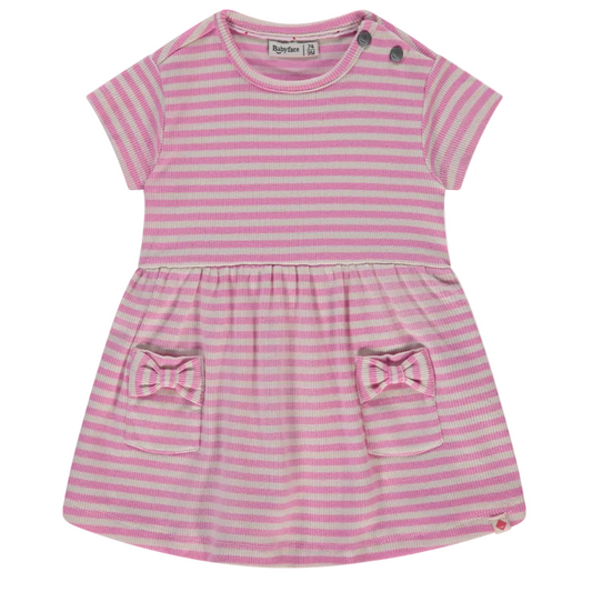 Pink and white striped dress with bow pockets on a white background
