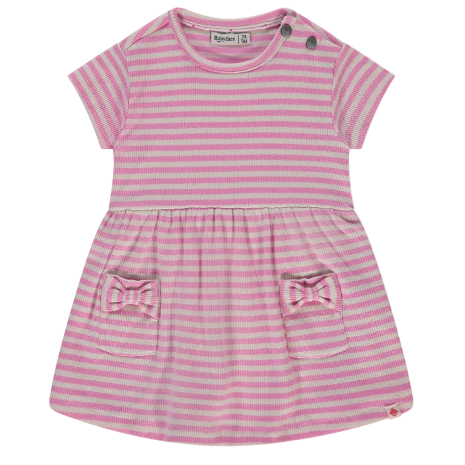 Pink and white striped dress with bow pockets on a white background
