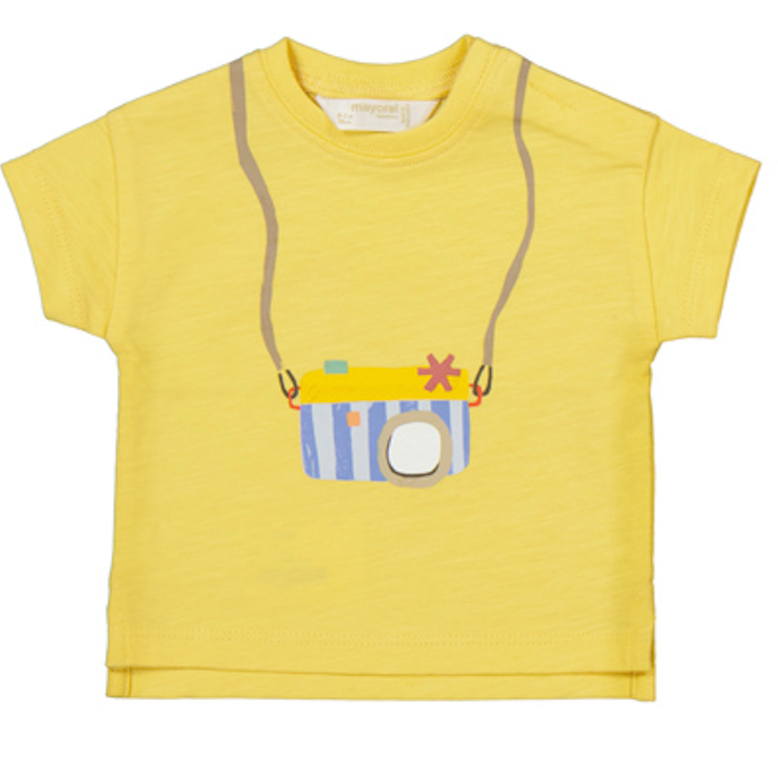 Yellow t-shirt with a camera design on a white background