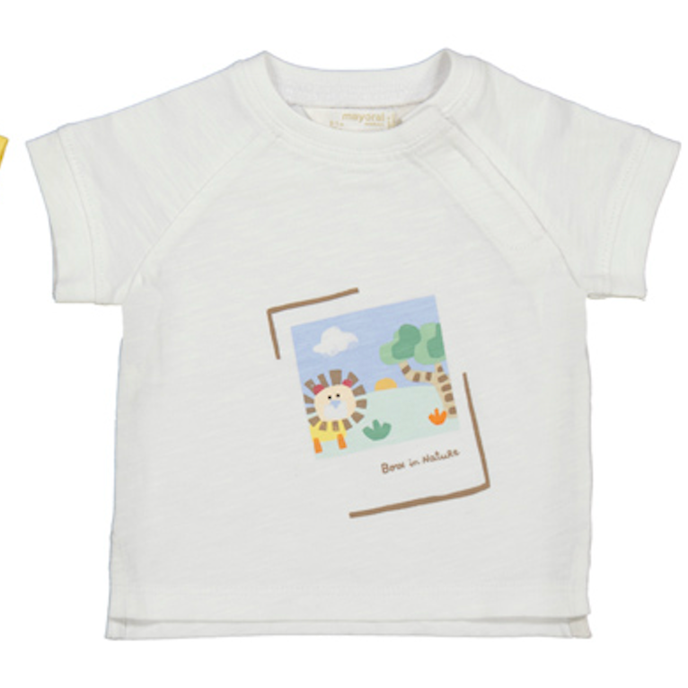 White t-shirt with a colorful graphic design on a white background