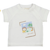 White t-shirt with a colorful graphic design on a white background