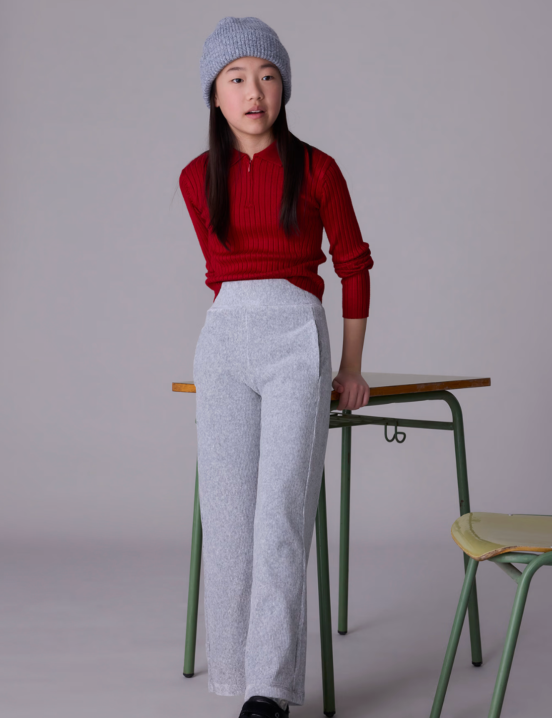 Silver Ribbed Wide Leg Pants