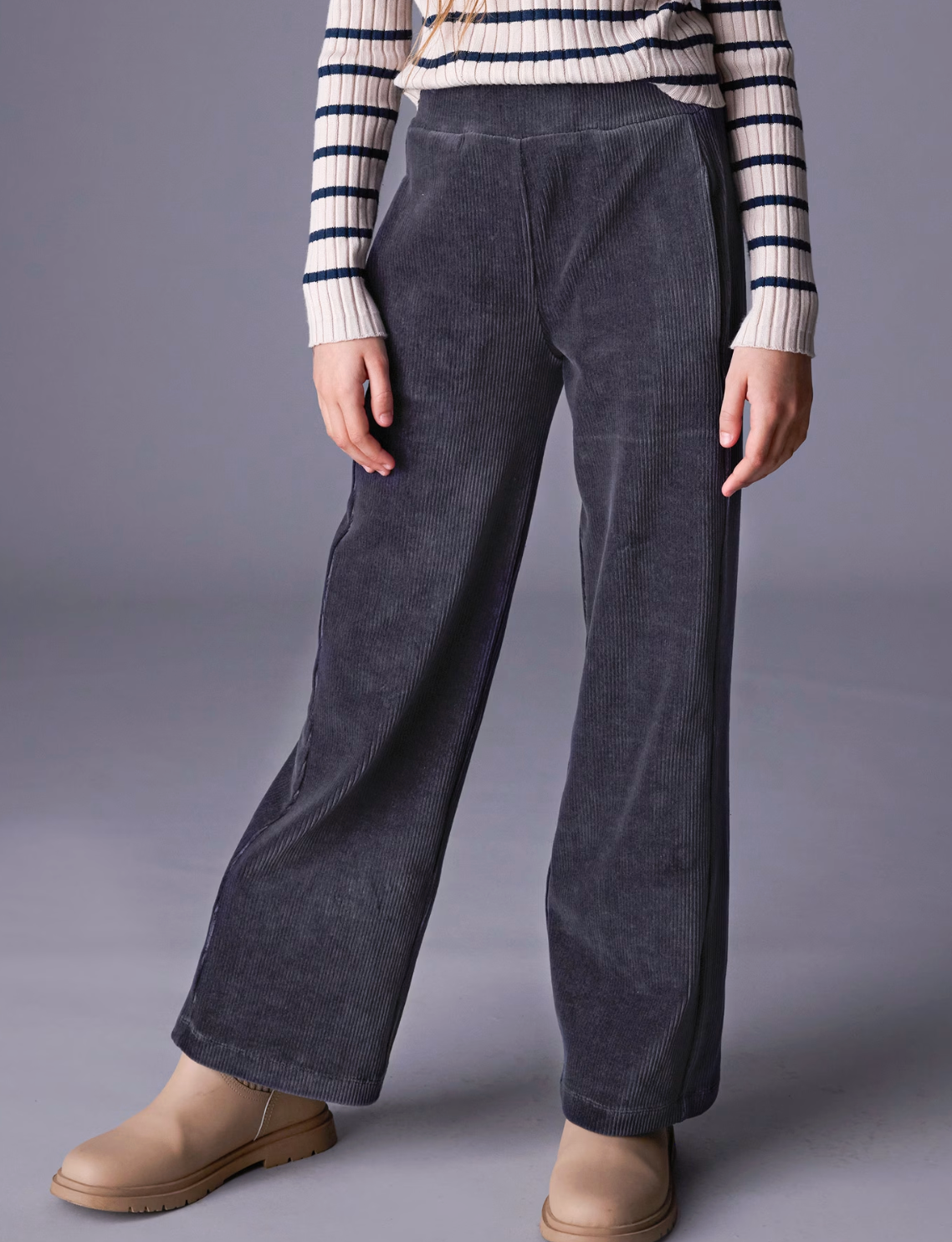 Navy Velour Rib Wide Leg Pants