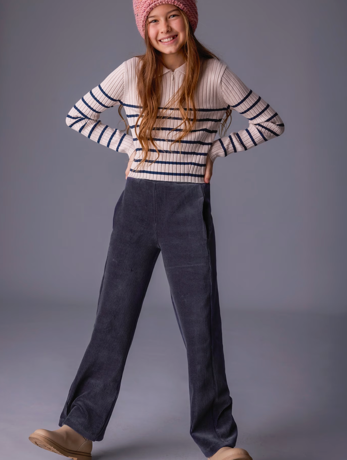 Navy Velour Rib Wide Leg Pants