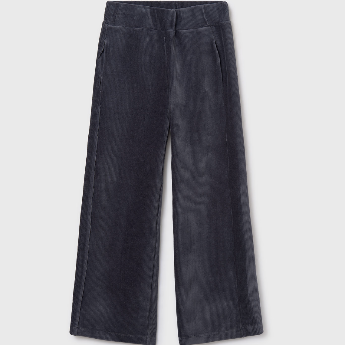 Dark gray wide-leg pants on a light gray background