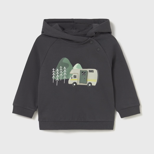 Dark gray hoodie with a graphic of a camper and trees on a light gray background