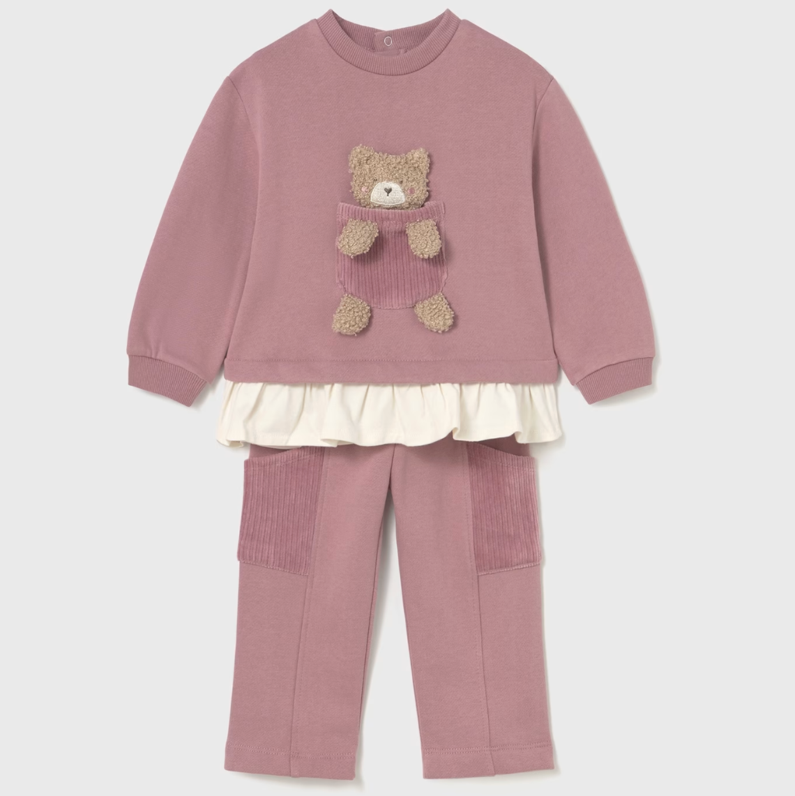 Children's pink outfit with teddy bear design on a light gray background