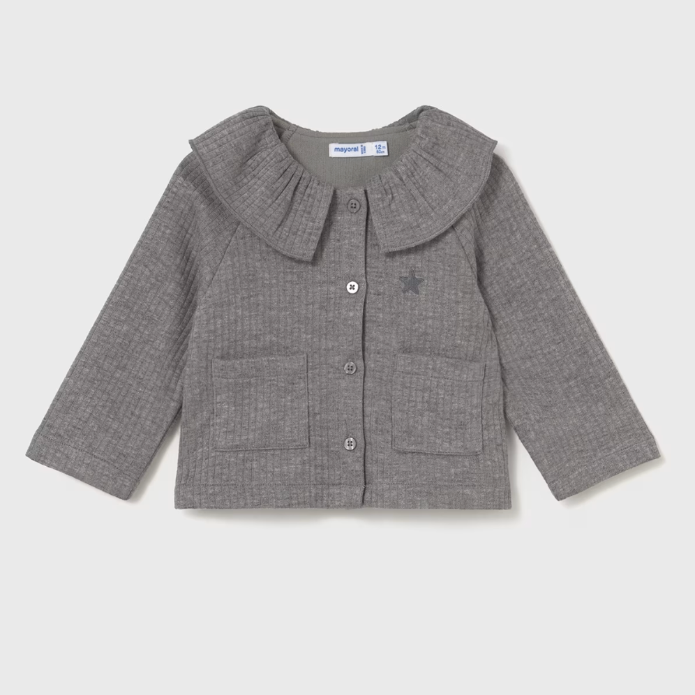 Gray children's cardigan with ruffled collar on a light gray background