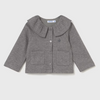 Gray children's cardigan with ruffled collar on a light gray background