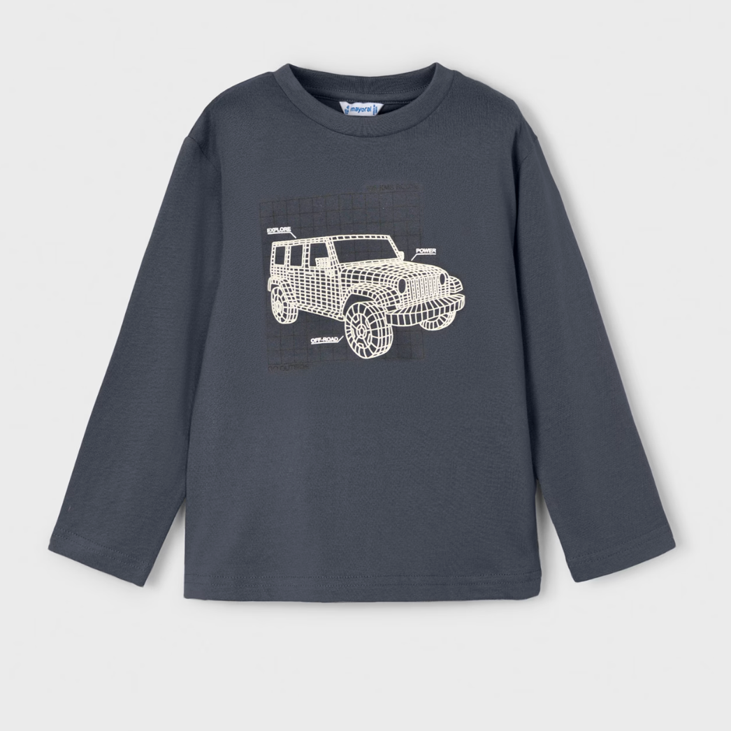Gray long-sleeve shirt with a white car design on a light gray background