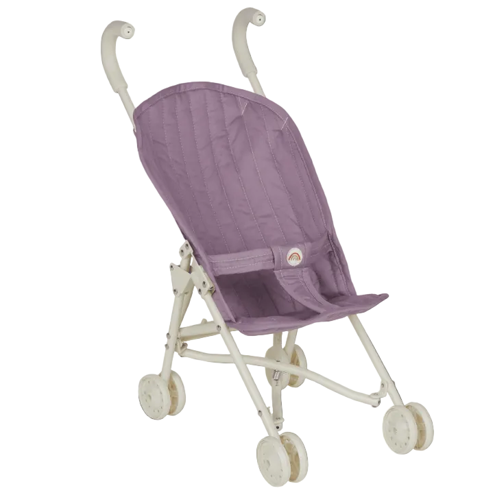 Purple baby stroller with white frame on a dark background