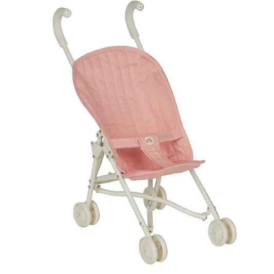 Pink baby stroller with white frame on a black background