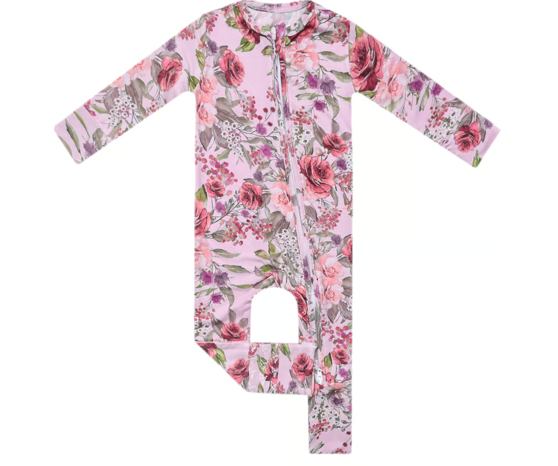 Floral-patterned baby onesie on a white background