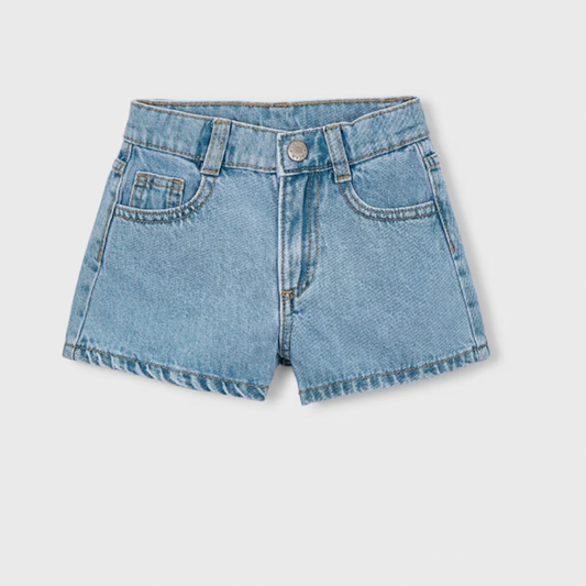 Light blue denim shorts on a white background