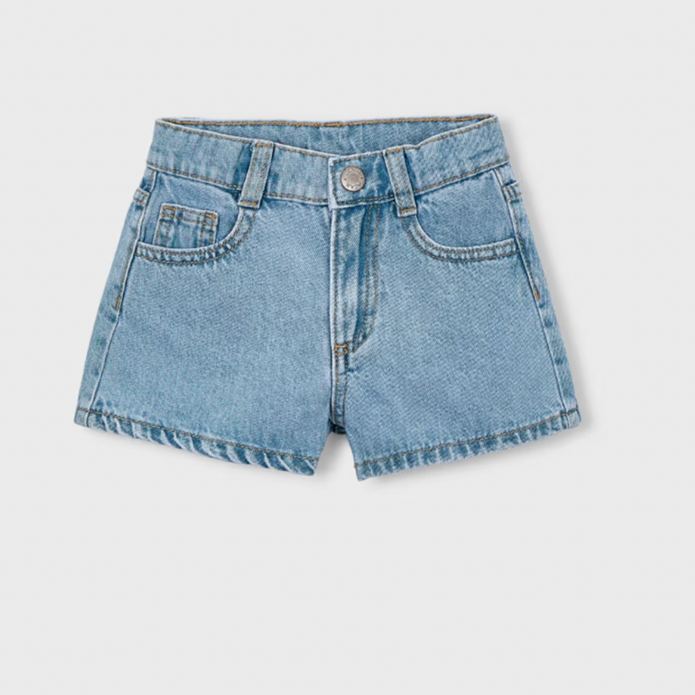 Light blue denim shorts on a white background