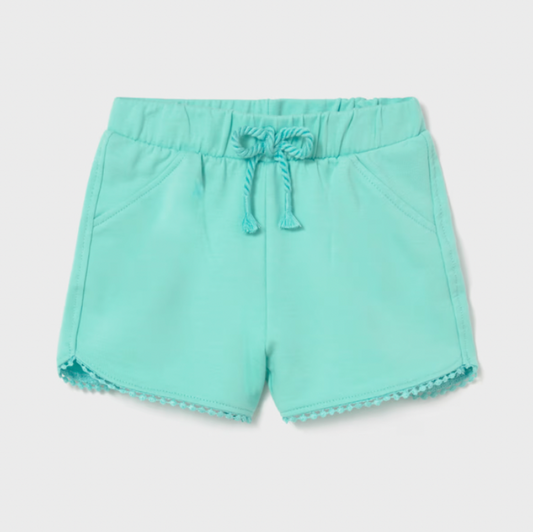 Aqua shorts with a drawstring on a light gray background