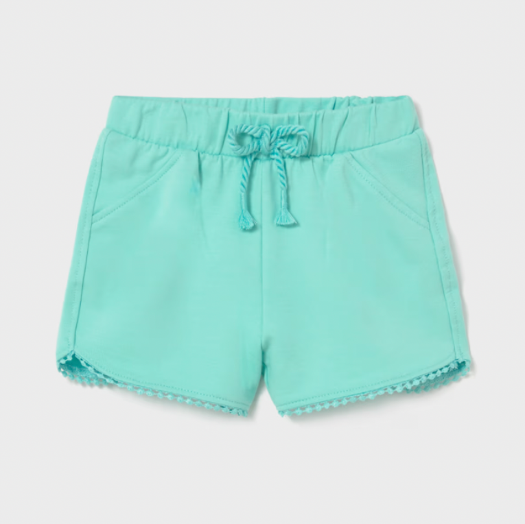 Aqua shorts with a drawstring on a light gray background
