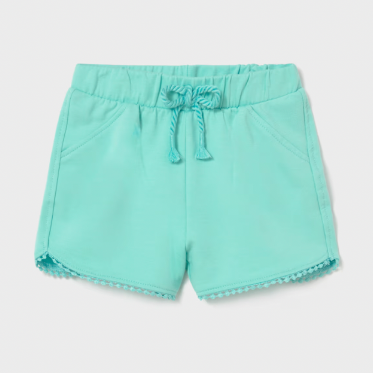 Aqua blue shorts with a drawstring on a light gray background