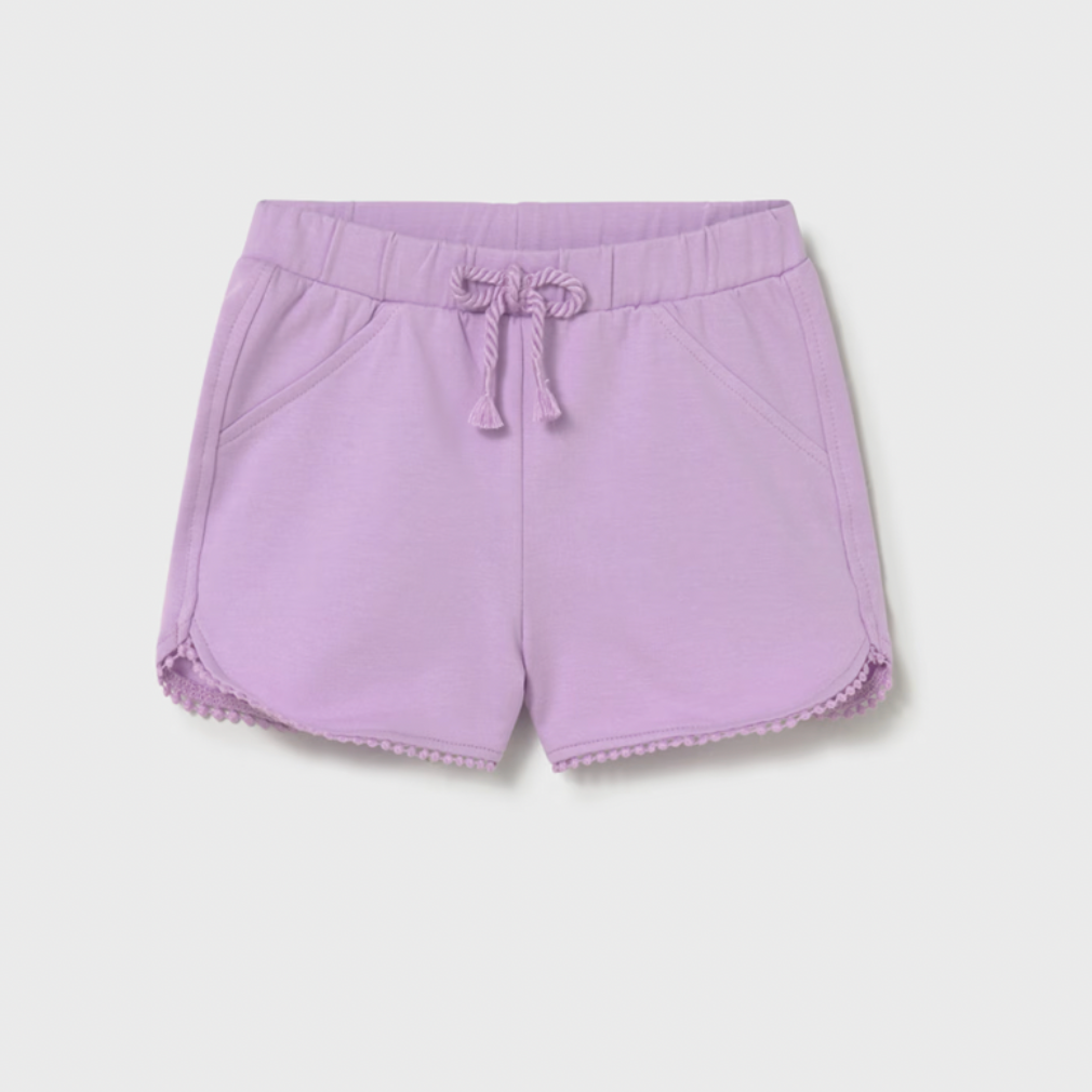 Purple shorts with a drawstring on a light gray background