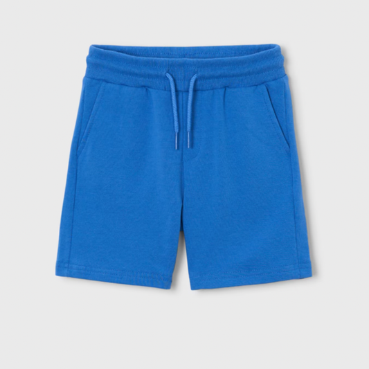 Blue shorts with a drawstring on a light gray background