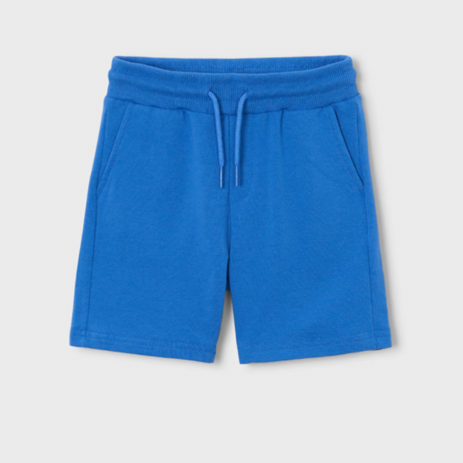Blue shorts with a drawstring on a light gray background