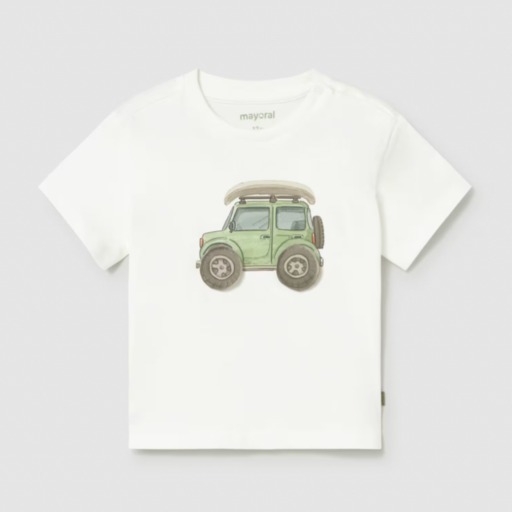 White t-shirt with a green car graphic on a light gray background