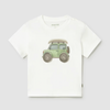 White t-shirt with a green car graphic on a light gray background